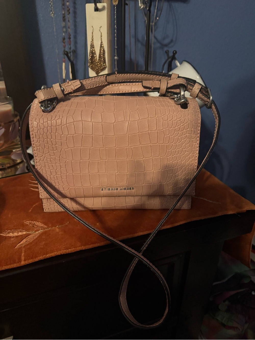 Croc-Embossed Structured Crossbody Bag in Blush